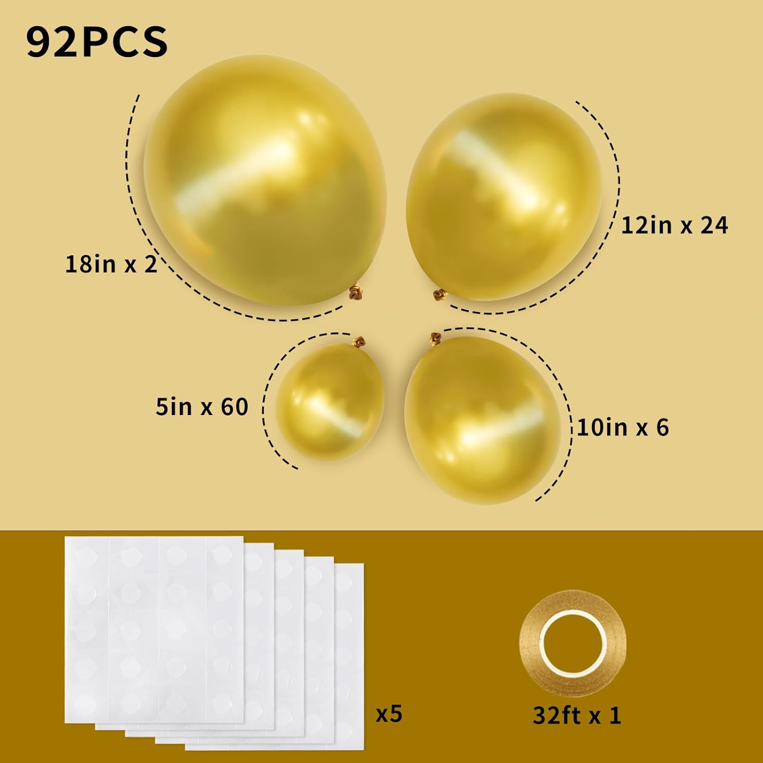 RUBFAC Metallic Gold Balloons - 92pcs Chrome Latex Set for New Year & Birthday Celebrations | 5-18 Inch