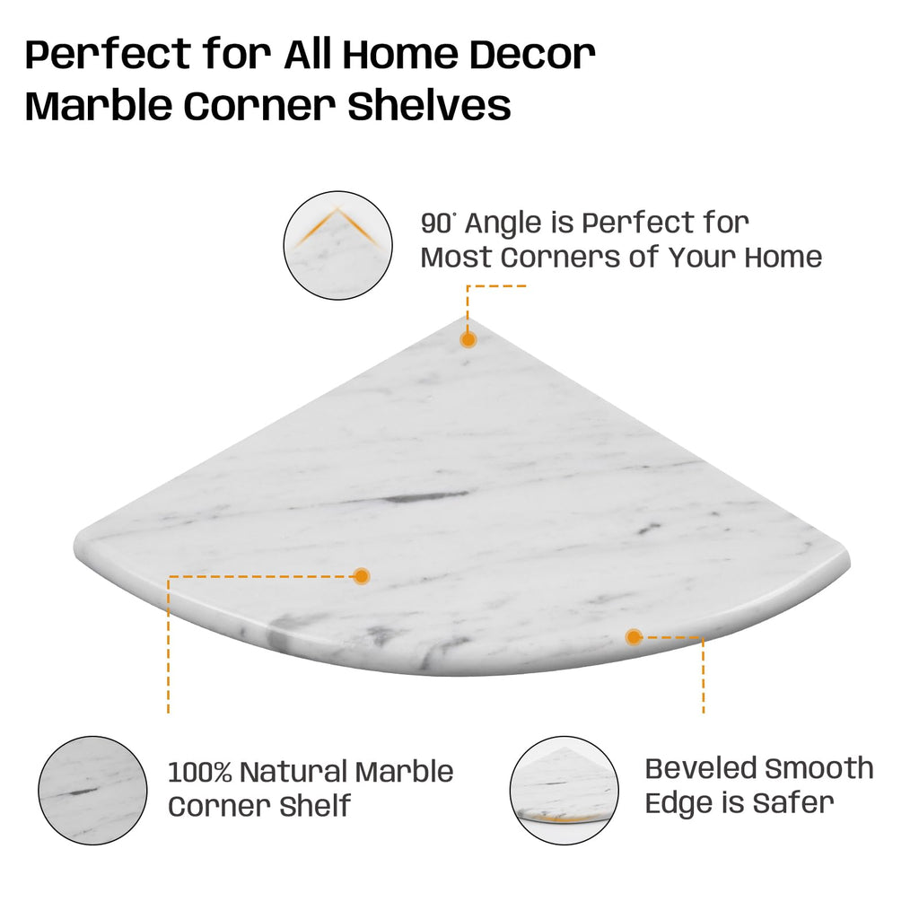 Adolif Marble Corner Shower Shelf, 9 Inch Carrara White Marble Corner Shelf for Bathroom Shower Decor, Wall Mounted, Polished, 2 Pcs
