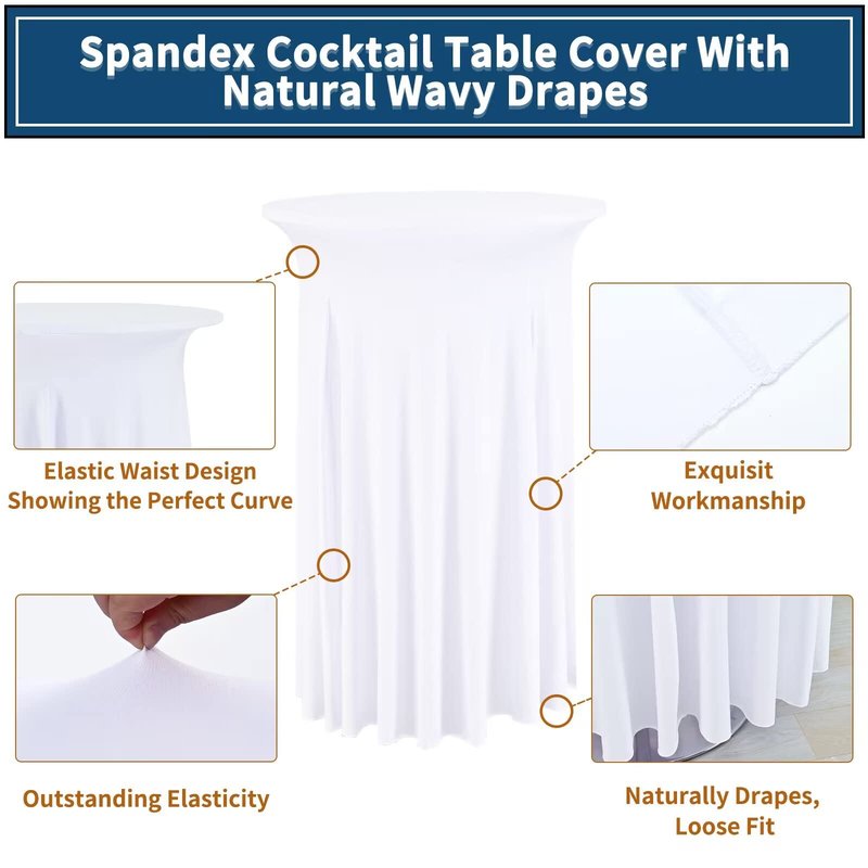 REWOMC 8 Pack White Spandex Round Cocktail Table Skirt, 24"x 43", Wavy Drapes, Stain & Wrinkle Resistant, Perfect for Cocktail Parties, Weddings, Banquets