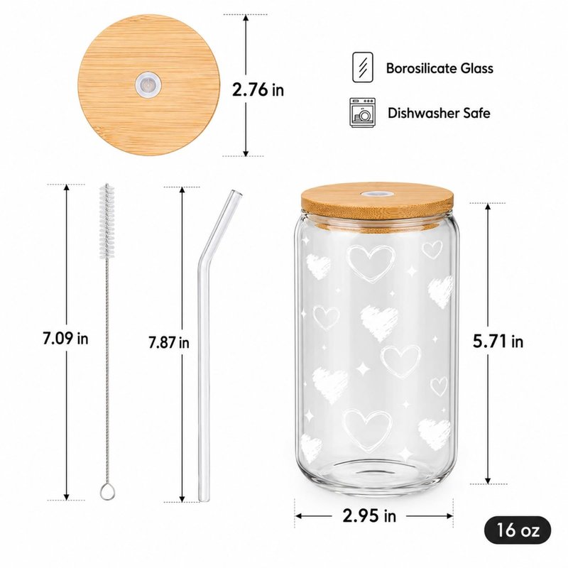 DAMCONME Glass Cups with Lids and Straws, 2 Pack Heart Glass Cups, 16 oz Borosilicate Iced Coffee Cups, Matching Drinkware for Best Friends, Couples, Birthday and Anniversary