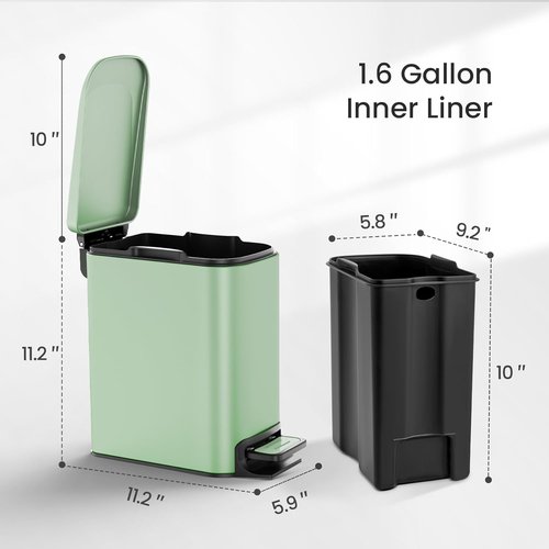 Cesun Small Bathroom Trash Can - Soft Close Lid & Step Pedal | 6L Stainless Steel, Anti-Fingerprint (Matt Green)