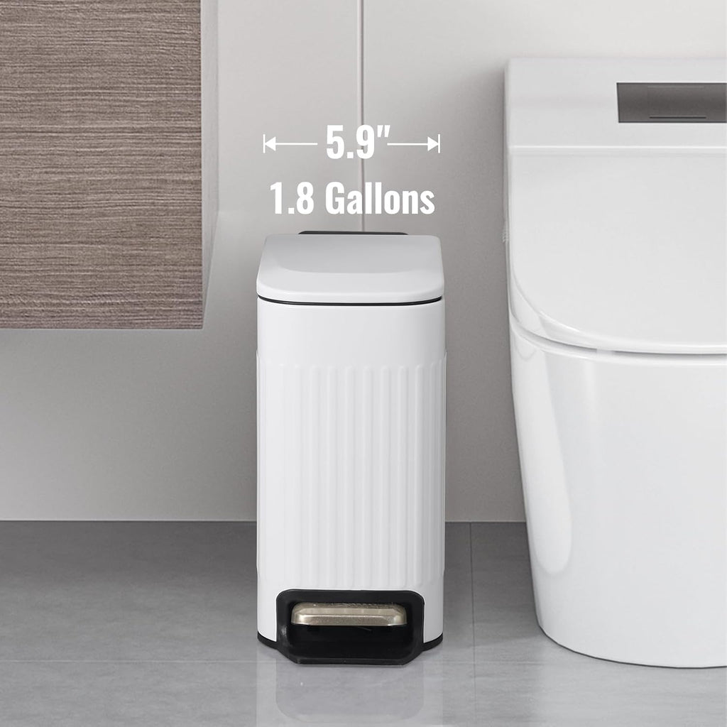 SYNCVIBE Slim Bathroom Trash Can - Soft Close Stainless Steel Step Bin with Removable Inner Bucket | 1.8 Gallons, Matte White