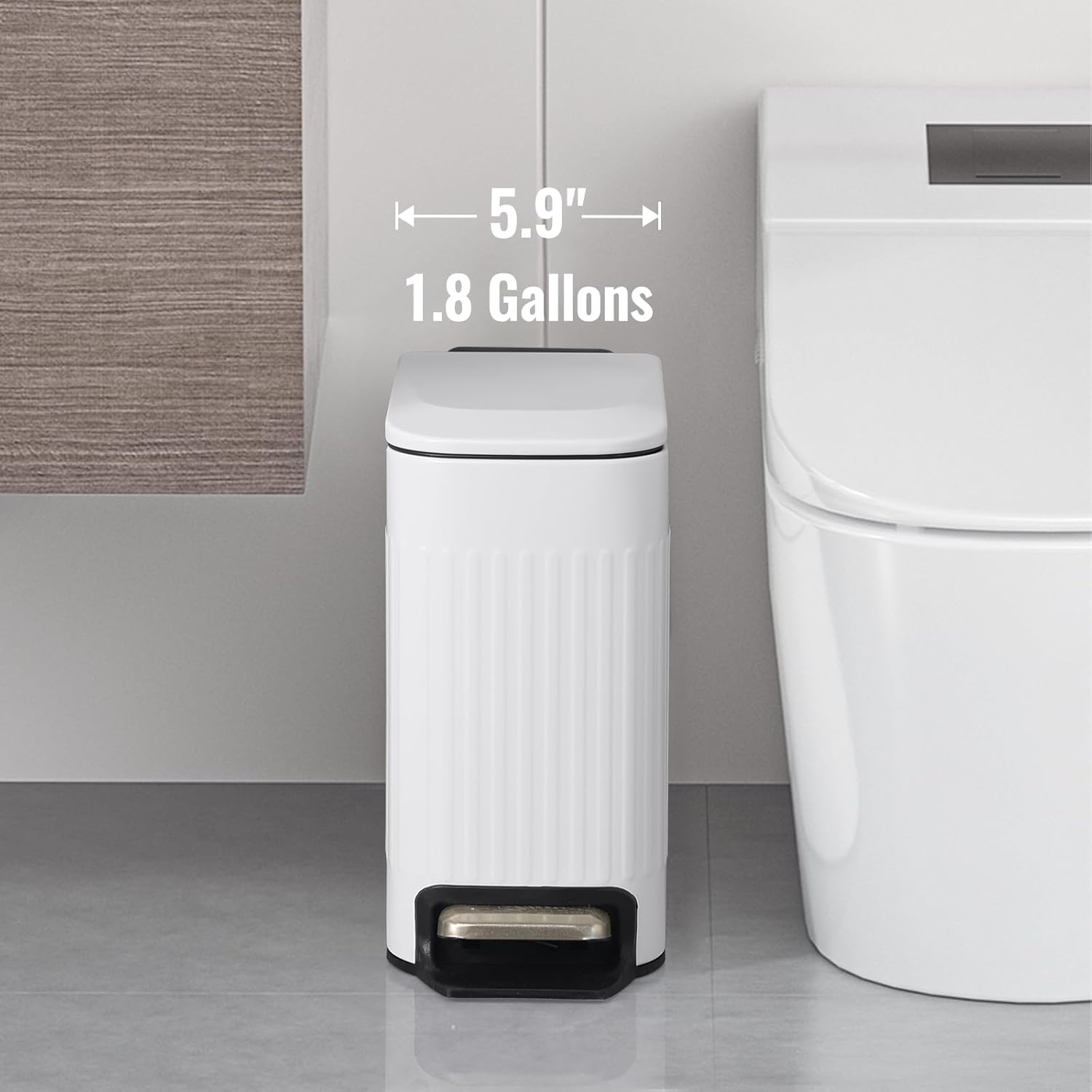 SYNCVIBE Slim Bathroom Trash Can - Soft Close Stainless Steel Step Bin with Removable Inner Bucket | 1.8 Gallons, Matte White