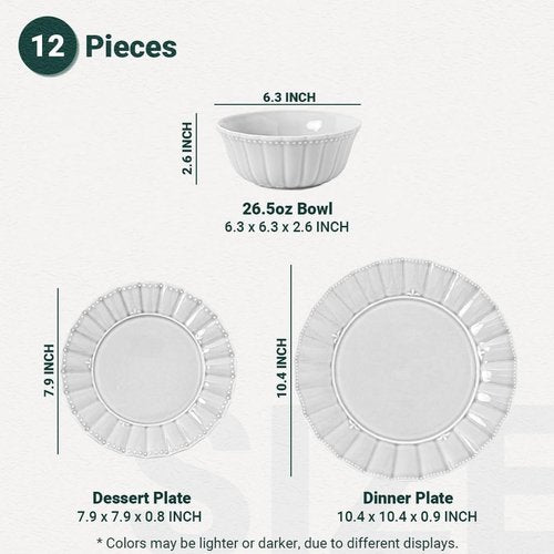 HOMBENE Dinnerware set, 12 Piece plates and bowls sets for 4, Ceramic Modern dish set for party, Porcelain dish set, House gift, Microwavable safe, Light Grey