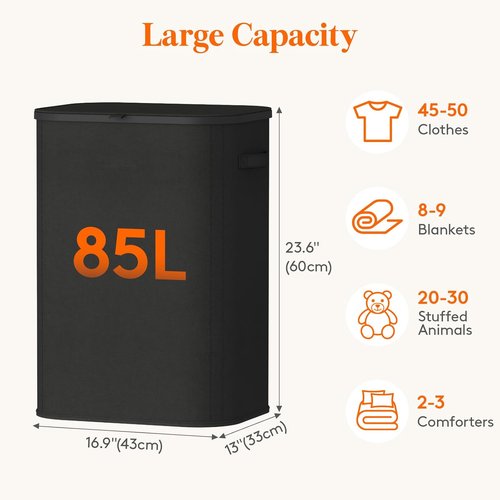 Lifewit 85L Large Laundry Basket - Foldable Hamper with Lid & Removable Bag | Black