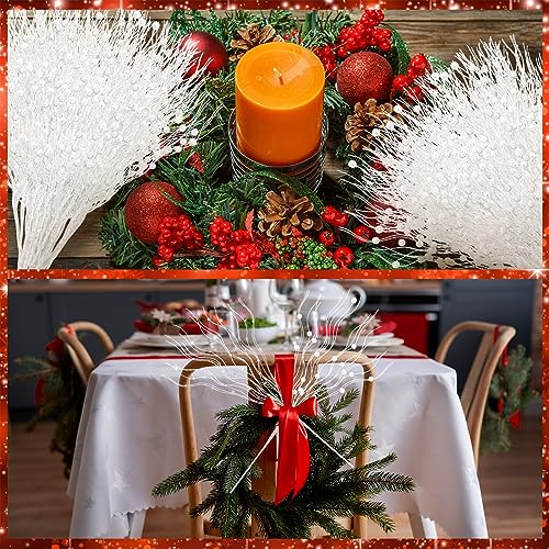 White 60 Pcs Winter Glitter Berry Stem Decorations - 17in Each