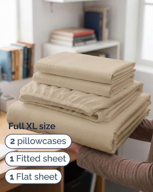 Full XL Bed Sheet Set by Hotel Luxury | 4-Piece Soft, Breathable & Cooling Bedding - Cream, Deep Pockets