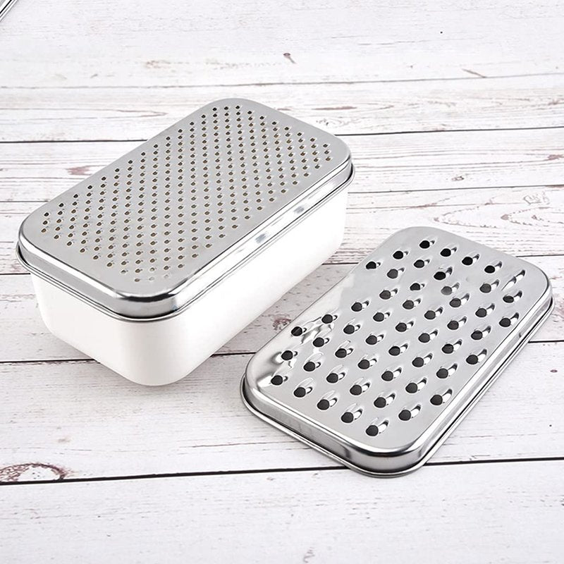 XANHOY Cheese Grater with Food Saver Container 2 In1 Fruit Vegetable Chopper Onion Choppers with Container Stainless Steel Rectangle Box and Graters Cheese Grater Handheld Metal, White