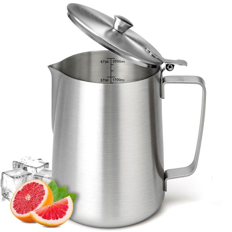 Stainless Steel Pitcher with Lid, 67 oz/2000 ml Large Metal Measuring Cup with Handle, Dual Scale Markings Graduated Beakers, Milk Frothing Jug for Espresso Machines, Latte Art, Iced Tea, Hot Water