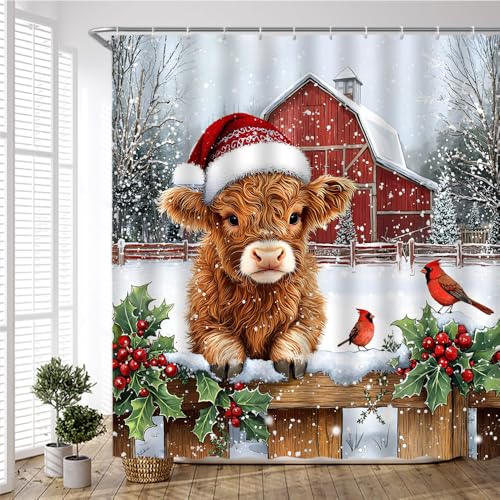 PZMPZM Highland Cow Christmas Shower Curtain 70x70 Inch Rustic Farmhouse Holiday