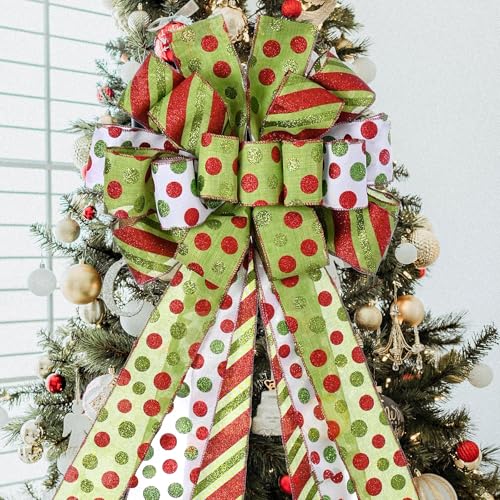 Large Green & Red Dot Christmas Tree Topper Bow, Wired Ribbon (45" x 13")