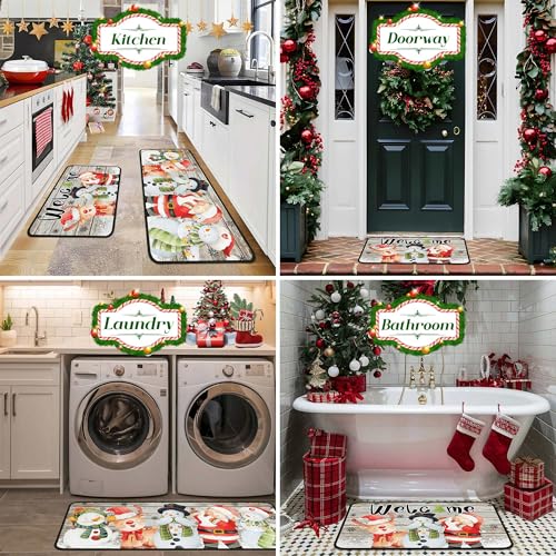 PyreneanHaven Snowman Christmas Kitchen Mats - 2-Sheet Set (17x47 and 17x30) Non-Slip Welcome Rugs