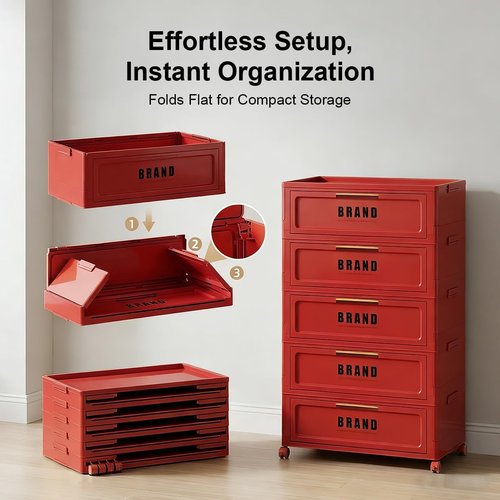 300QT Foldable Storage Cabinet - 5-Tier Organizer with Magnetic Door & Wheels | Space-Saving Unit in Red