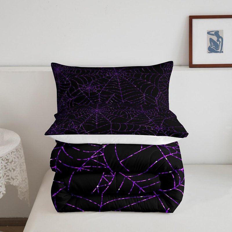 Spider Web Comforter Set Queen Size Geometric Purple Glitter Lines Bedding Set 3Pcs Halloween Quilt Set for Kids Girls Boys Women Room Decor Exotic Hippie Black Duvet Insert,2 Pillowcases