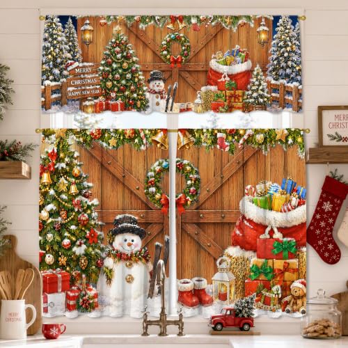 Woaoce Christmas Farmhouse Window Curtain Set 3 Pieces Snowman & Holiday Decor