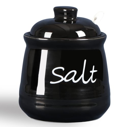ONTUBE Ceramic Salt Bowl with Lid and Spoon 12oz (Black)
