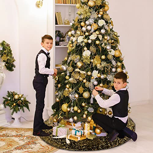 48in Glitter Sequin Tree Skirt - Black & Silver Faux Fur Holiday Decor