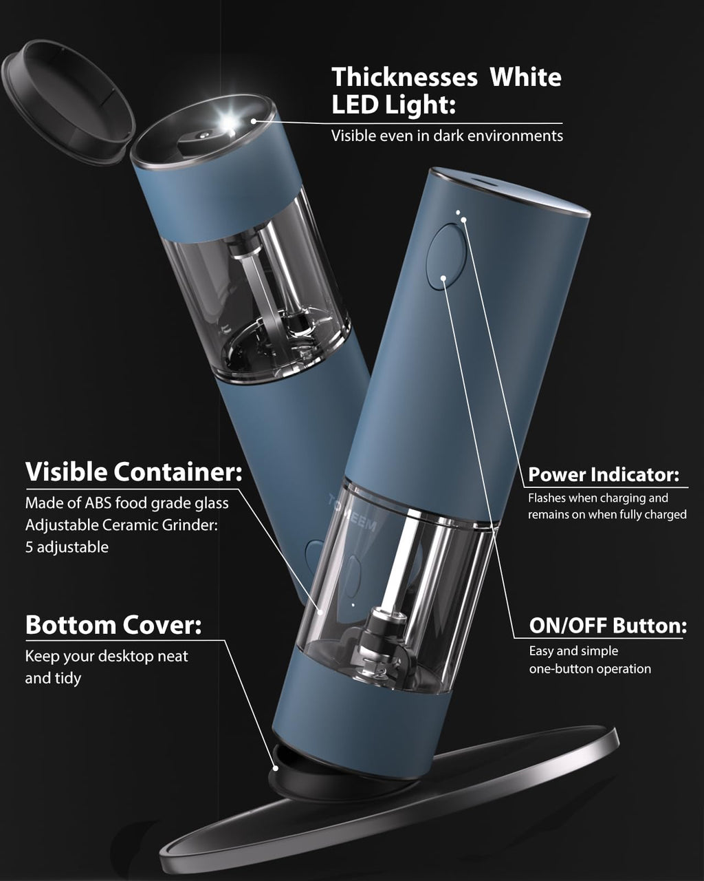 TOMEEM Upgraded Larger Capacity Electric Salt and Pepper Grinder Set Rechargeable with LED lights, Stainless Steel Automatic Pepper and Salt Grinder Refillable with 5 Adjustable Coarseness Blue