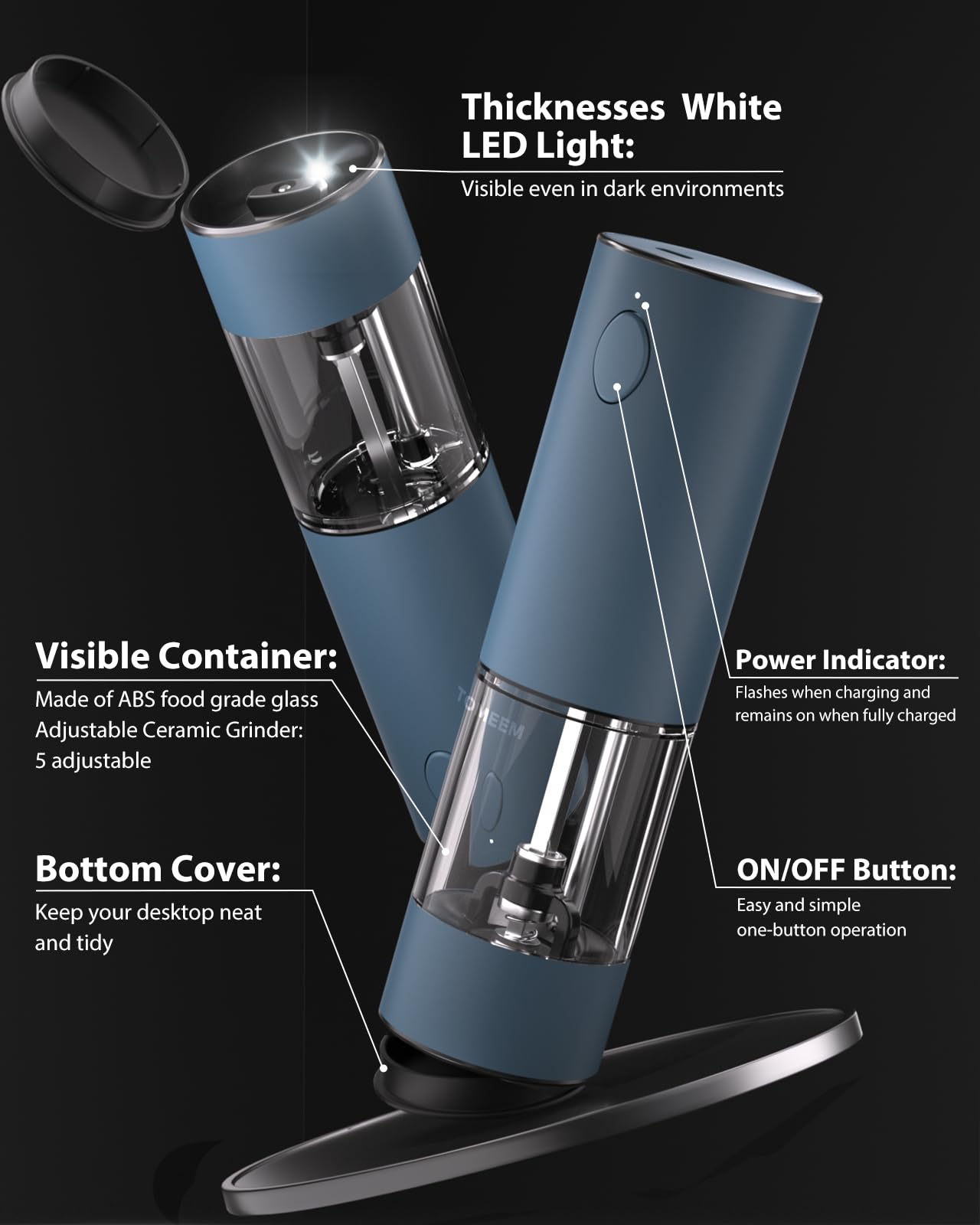TOMEEM Upgraded Larger Capacity Electric Salt and Pepper Grinder Set Rechargeable with LED lights, Stainless Steel Automatic Pepper and Salt Grinder Refillable with 5 Adjustable Coarseness Blue