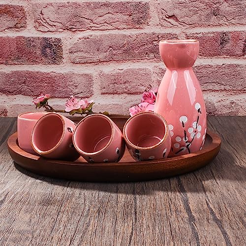 Pink Snow Plum Blossom Ceramic Sake Set of 5 with 4 Cups - Whitenesser