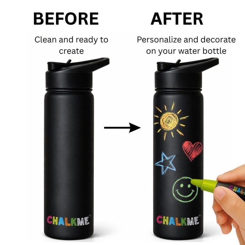 CHALKME Kids Water Bottle 25oz Stainless Steel Vacuum Insulated with Washable Chalk Markers Included, Decorate Your Own Water Bottle, Reusable Gift for Boys and Girls