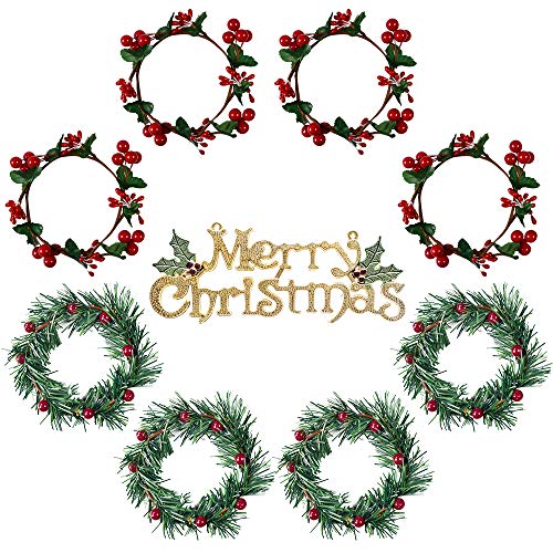8-Pack Small Christmas Candle Ring Wreaths - Faux Red Berry Centerpieces