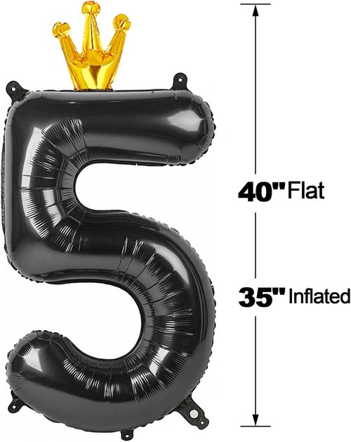 Black 5 Balloon - 40 Inch Number Balloon for 5th Birthday Decorations | Black and Gold Party Supplies