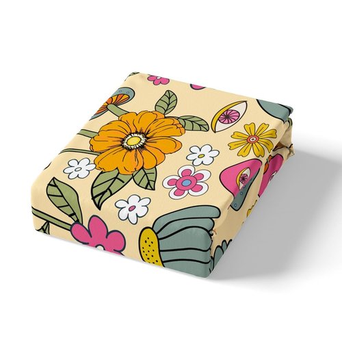 Kids 70s Retro Floral Bedding Set Twin Size,Hippie Flowers Leaves Bed Set for Child Bedroom Decor,Cartoon Eyes Mushroom Fitted Sheet Microfiber Bed Cover(1 Fitted + 1 Pillow Case)
