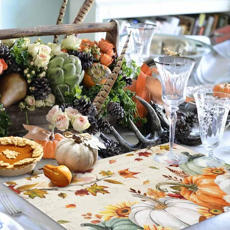 HELLOWINK Set of 6 Fall Pumpkin Placemats - Orange & Green Autumn Table Mats