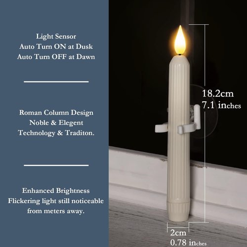 Homemory 6 Pcs Window Candles - Flameless LED Taper Candles with Dusk to Dawn Sensor | Ivory Striped Design