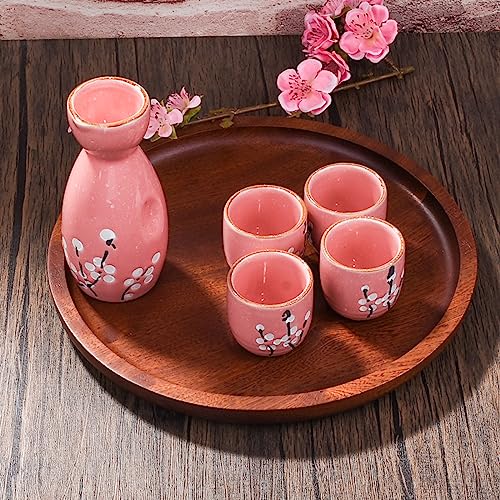 Pink Snow Plum Blossom Ceramic Sake Set of 5 with 4 Cups - Whitenesser