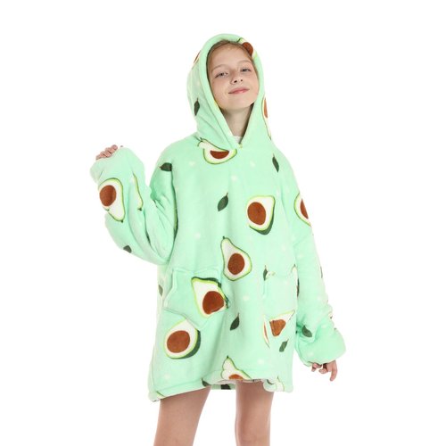 Deserthome Wearable Blanket Hoodie for Kids 4-12YR Oversized Hooded Blanket Super Soft Comfortable Warm Flannel Green Avocado