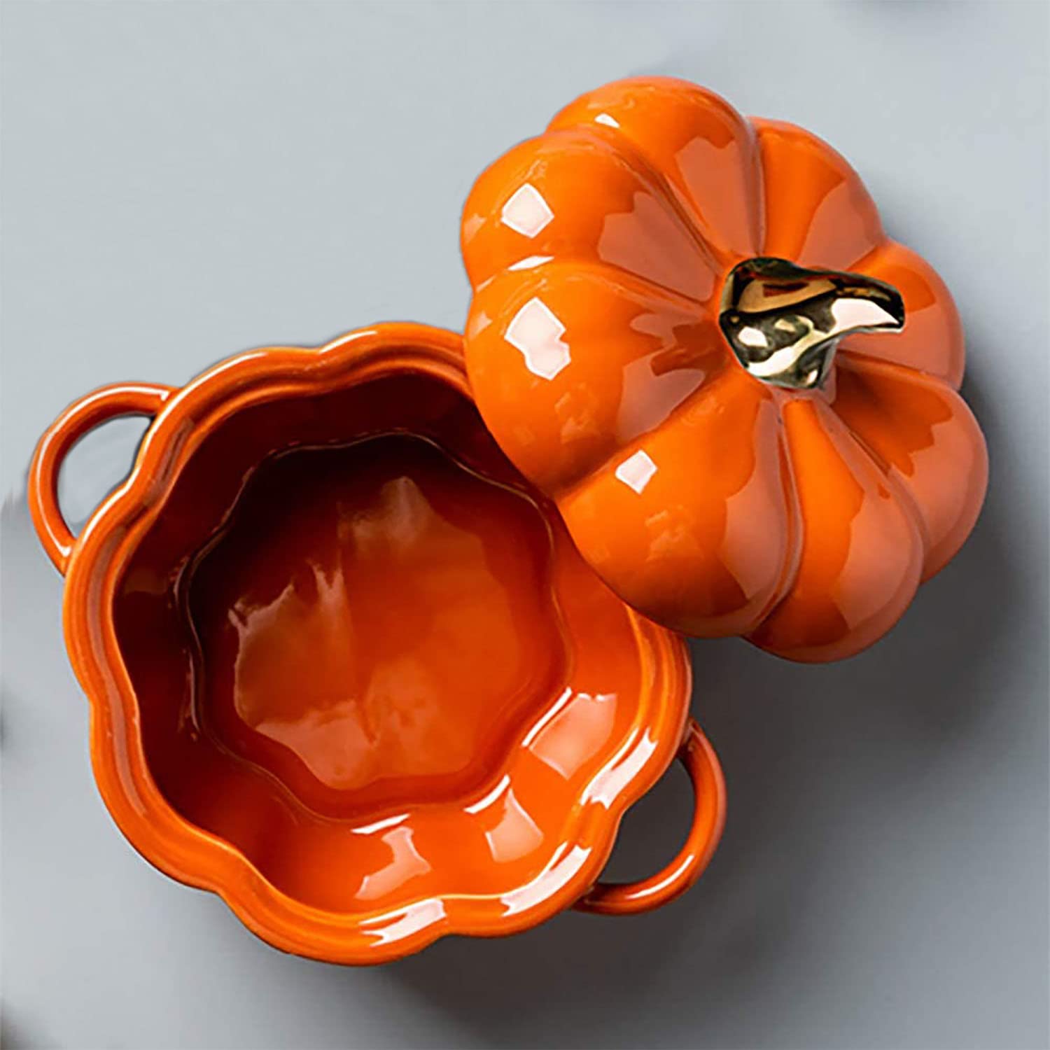 FYUEROPA Pumpkin Bowl Set with Lid and Handle, Set of 4 Ceramic Ramekins for Baking, Casserole Dish Individual Severing Pot, Stoneware, Oven Safe, 14 Oz (Orange)