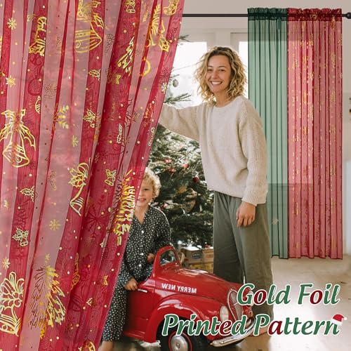 NICETOWN Christmas Window Treatment Set: 2 2984 - Dimension Green Curtains & 2 4084 - Dimension Gold - Embroidered Curtains, Perfect for Festive Season