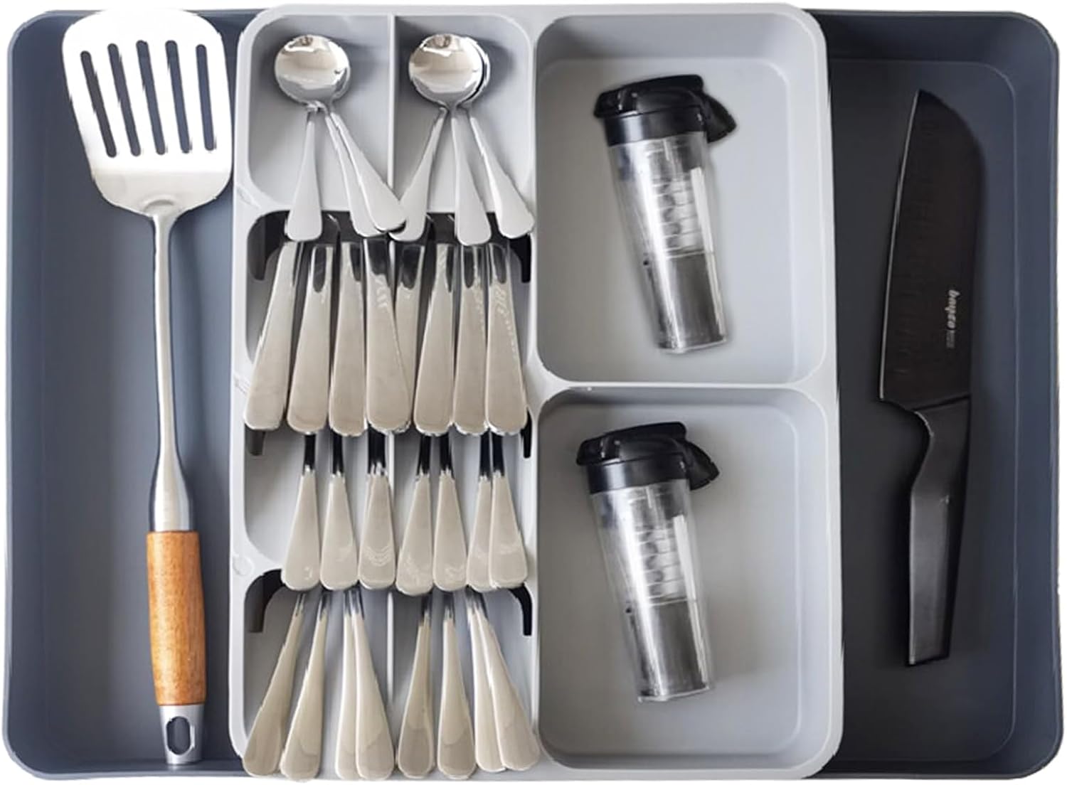 Silverware Organizer - Expandable Cutlery Drawer Tray | Adjustable Plastic Utensil Holder for Home & Kitchen - Large Grey