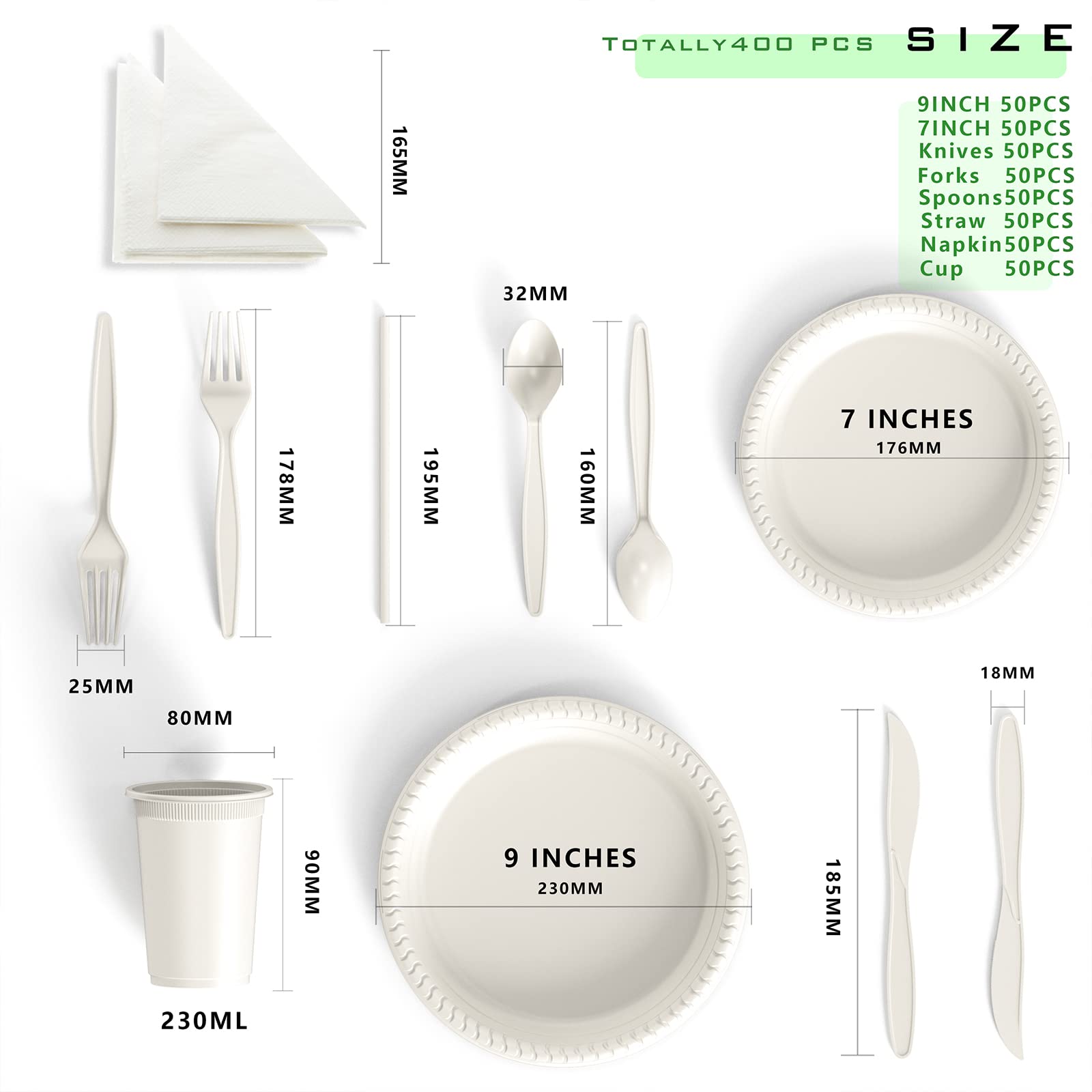 YONGZHUKANG Compostable Disposable Plates Set, 400pcs Compostable Plates and Utensils Disposable Dinnerware Set for Party, Natural Cornstarch Biodegradable Plates Cups Cutlery and Napkins Paper Straws