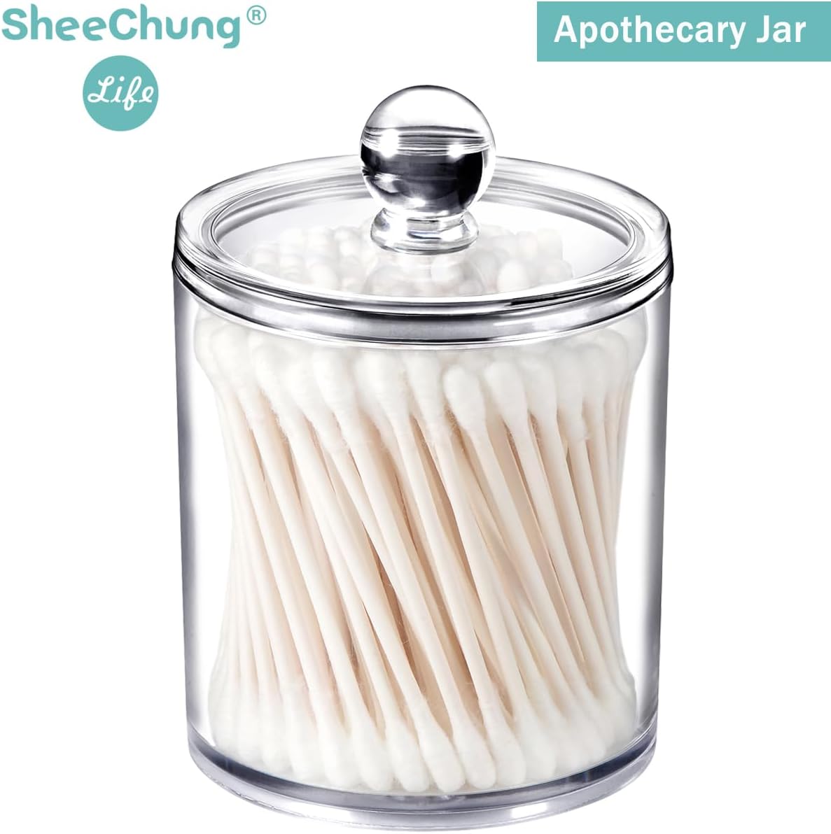 SheeChung Clear Acrylic Qtip Holder - Shatterproof Bathroom Organizer Canister for Cotton Swabs, Balls & Pads