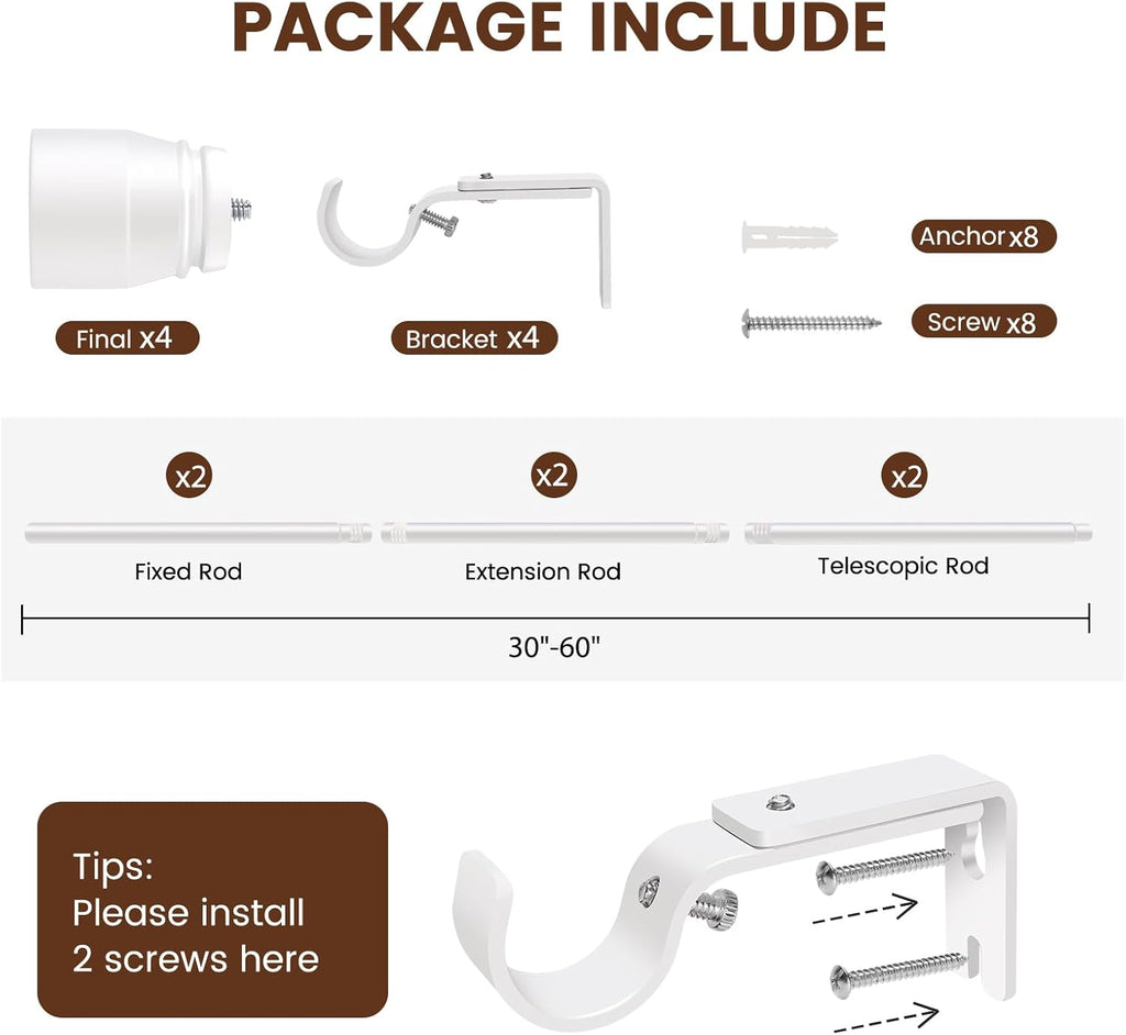 Skiennix 1” Diameter Adjustable Curtain Rods - Heavy Duty 30-60 Inch, Matte White, 2 Pack for 30-54 Inch Windows