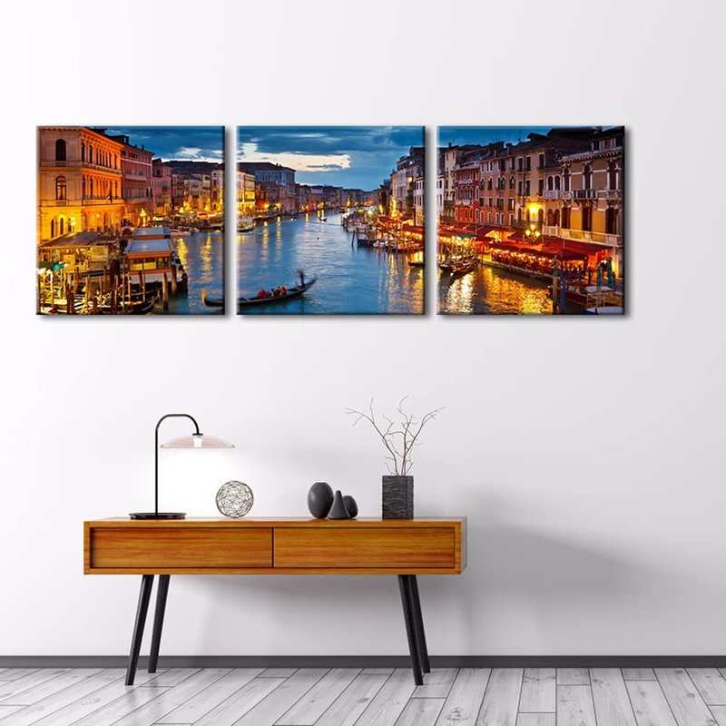 Wieco Art Venice Night 3 Piece Giclee Canvas Prints Wall Art Italy City Skyline Landscape Picture Paintings for Living Room Bedroom Home Decorations Modern Stretched and Framed Cityscape Artwork