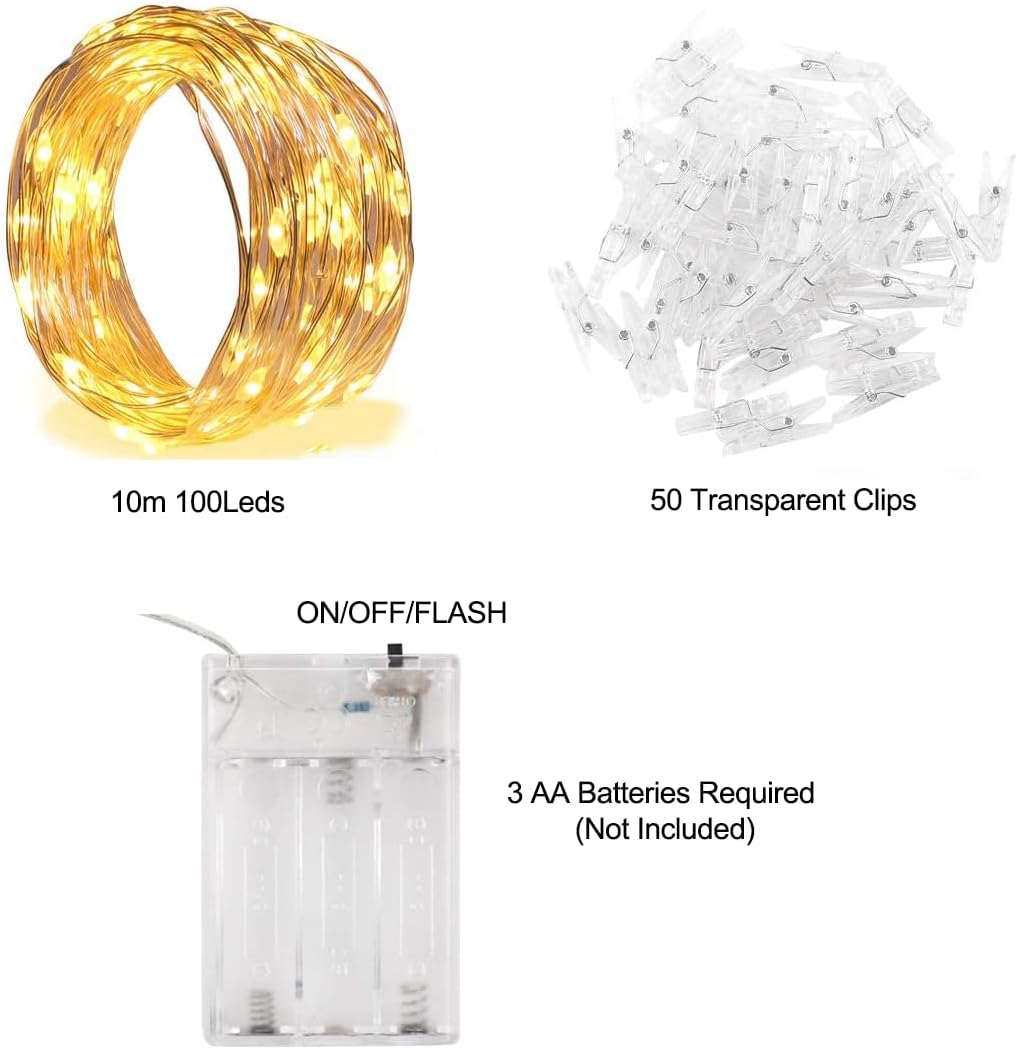Photo Clip String Light - 100 LED Fairy Lights with 50 Clear Clips | 32.8Ft for Dorm & Wedding Décor