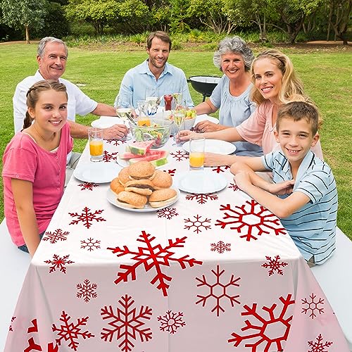 Red White Snowflake Plastic Tablecloth Roll - 52 x 100 Inches for Events