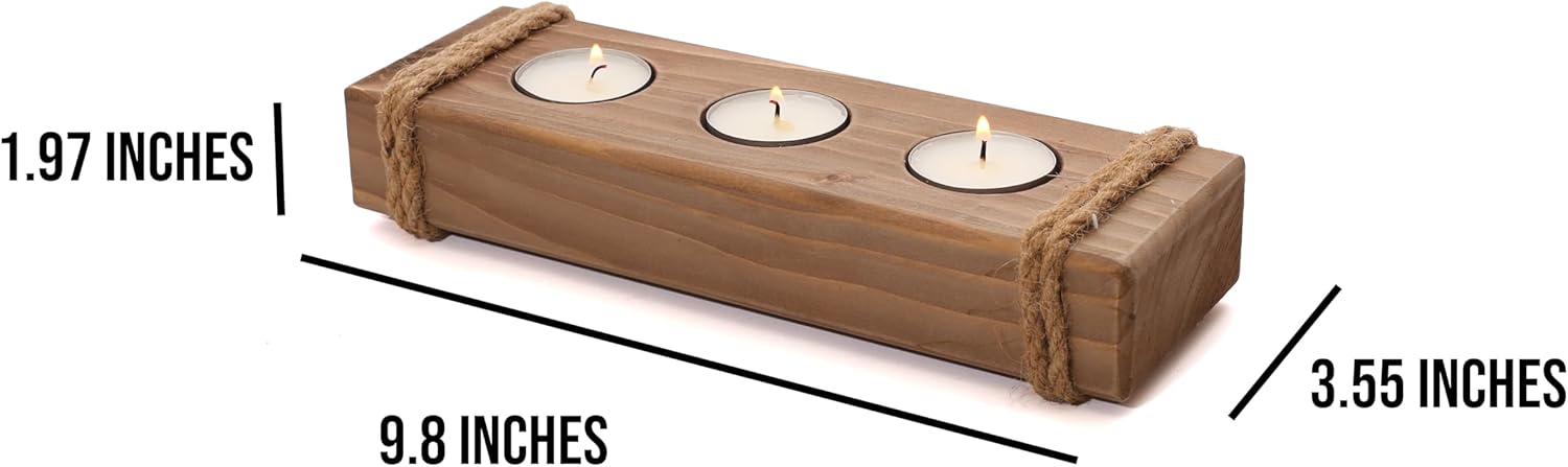 Rustic Wooden Tealight Candle Holder - Farmhouse Table Decor - 3 Tea Light Tray in Brown