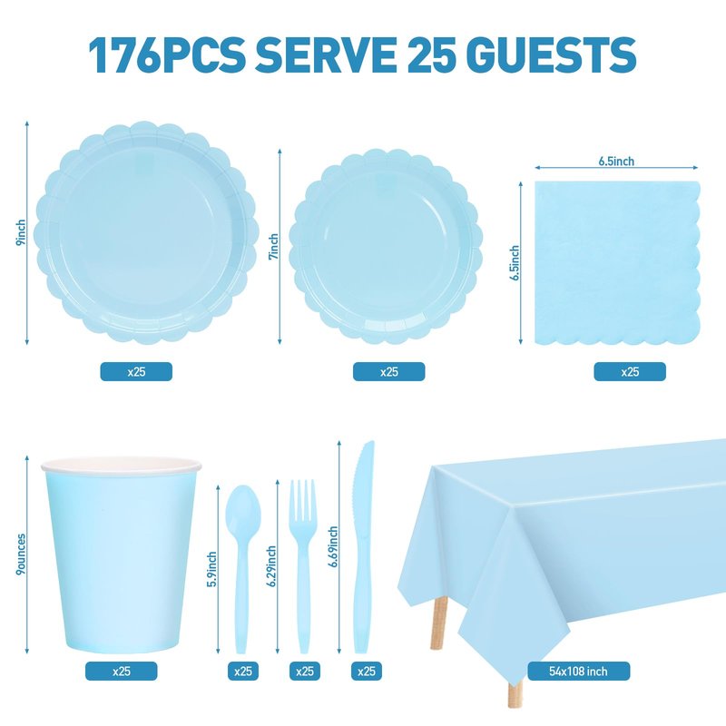 176 Pcs Light Blue Paper Plates and Napkins, Easter Plates Blue Party Supplies Include Light Blue paper plates Napkins Cup Plastic Tablecloth Spoon Fork Knives for Birthday Wedding Baby Shower