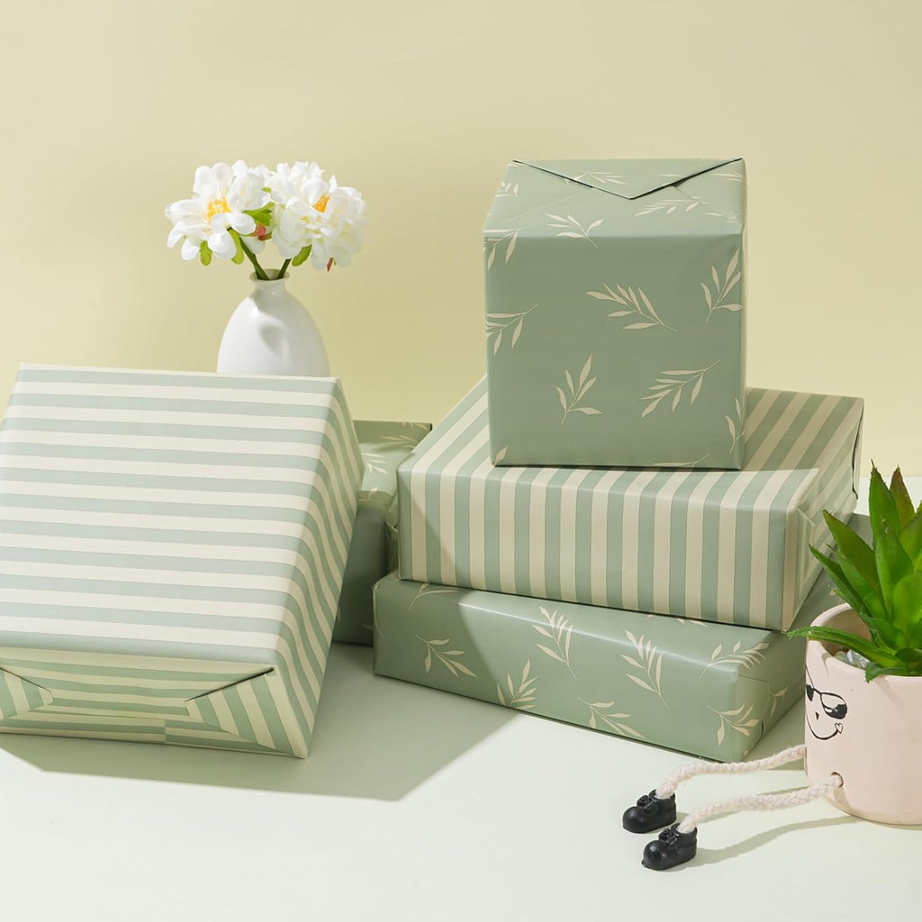 ZINTBIAL Reversible Gift Wrapping Paper Roll - Light Green & Beige Leaves Design | 17.5" x 33' (48 sq. ft.)