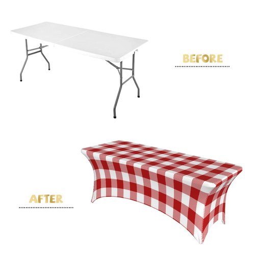 XBFCDN Buffalo Plaid Red and White 6 Ft Elastic Table Cover Fitted Rectangular Tablecloth for Party Banquet Festival Wedding
