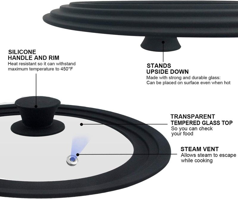 Universal Lid for Pots, Pans and Skillets - Tempered Glass with Heat Resistant Silicone Rim, Fits 9.5", 10" and 11" Diameter Cookware