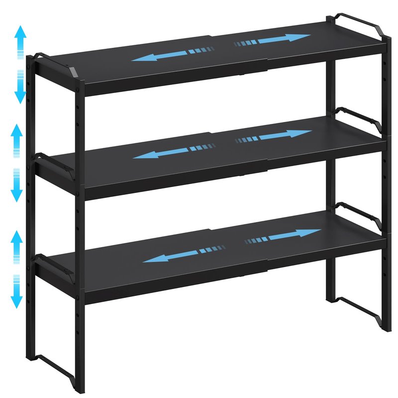 25.5 Inches 3 Pack Expandable Cabinet Shelves, Stackable Shelf Organizer For Kitchen Cabinet Countertop Storage, Adjustable Counter Cupboard Pantry Organizer Shelf Rack Stand Riser, Black