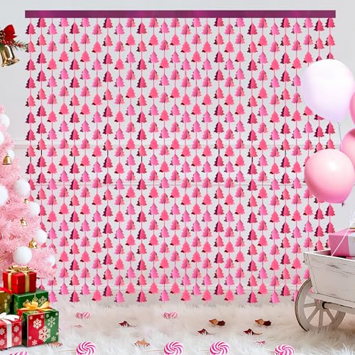 Pink Christmas Foil Fringe Curtain 2-Pack 3.3x6.6ft Backdrop for Photo Booth