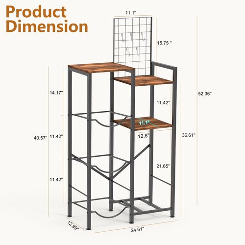 Water Bottle Holder Organizer 5 Gallon Water Jug Holder 5 Cup Hooks Heavy Duty Water Dispenser Stand Rack with Storage Shelves Water Cooler Jug Rack for Kitchen, Office, Living Room, Rustic Brown
