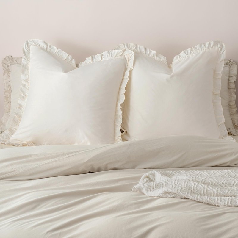 PHF 100% Washed Cotton Euro Shams with Ruffle, 2 Pack 26" x 26" Cotton Euro Sham Pillow Covers, No Insert, Ultra Soft Decorative Farmhouse Bedding for Bed Sofa, Cannoli Cream